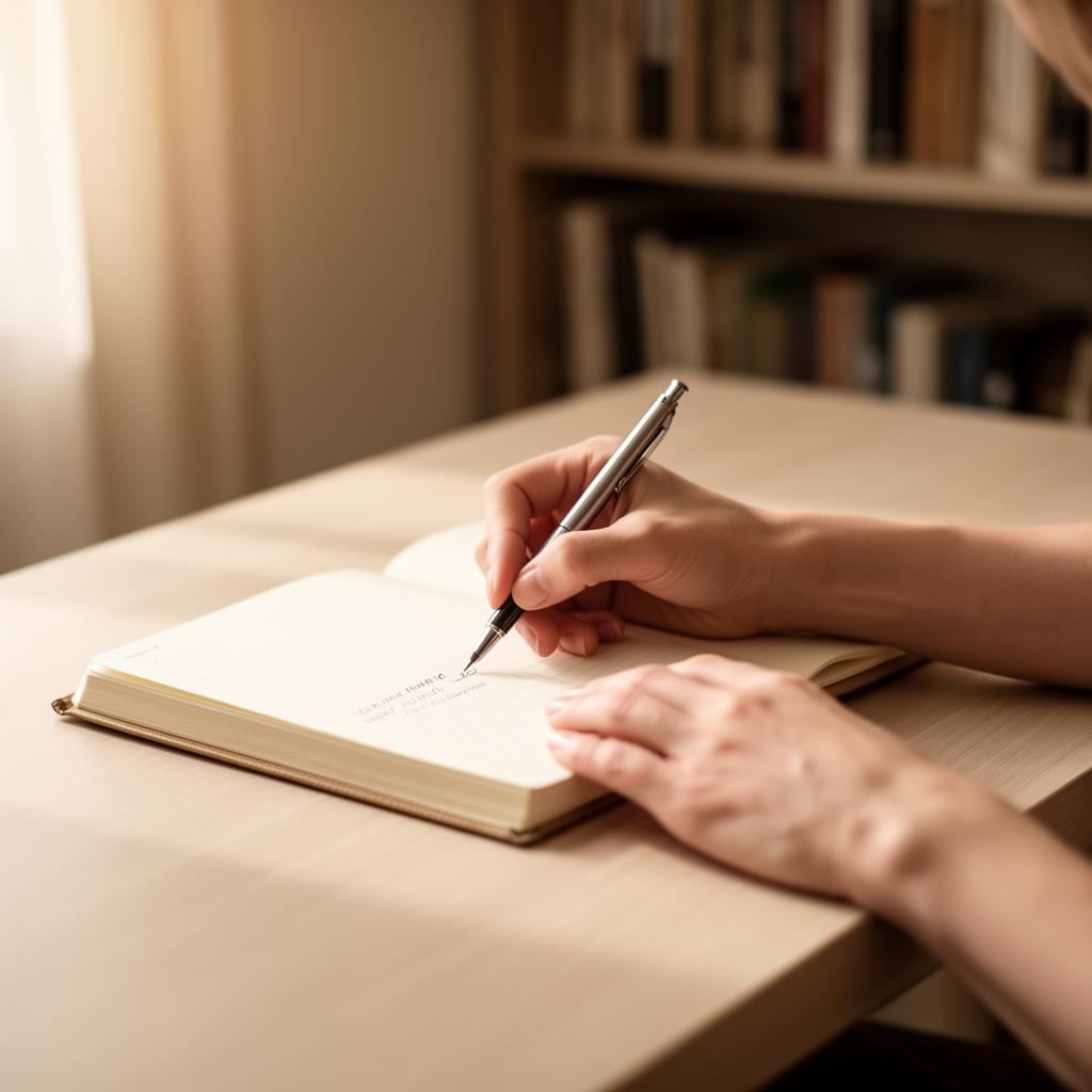 Mãos escrevendo em um caderno aberto sobre mesa de madeira clara